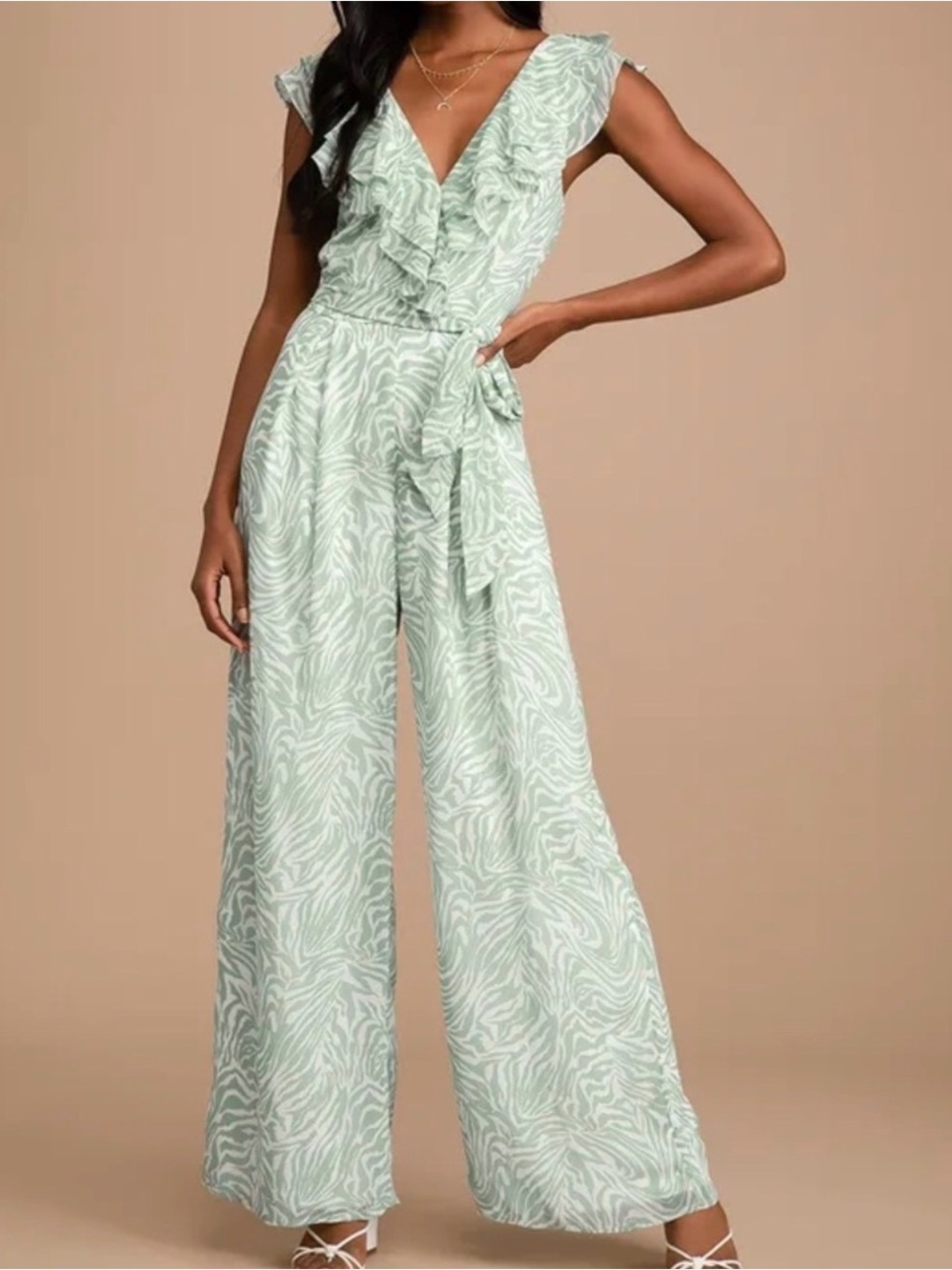Lulu's Mint Zebra Ruffle Wide Leg Jumpsuit